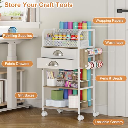 Image of Rolling Wrapping Paper Storage Cart Organizer White | 16.54x11.4x32.68 in, Christmas gift wrap storage, craft paper roll holder, vertical wrapping station, holiday organization