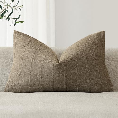 Image of Foindtower Set of 1 Decorative Linen Check Throw Pillow Cover Neutral Farmhouse Lumbar Cushion Cover Modern Boho Home Decor for Sofa Chair Couch Bedroom Living Room,12x20 Inch,Light Brown