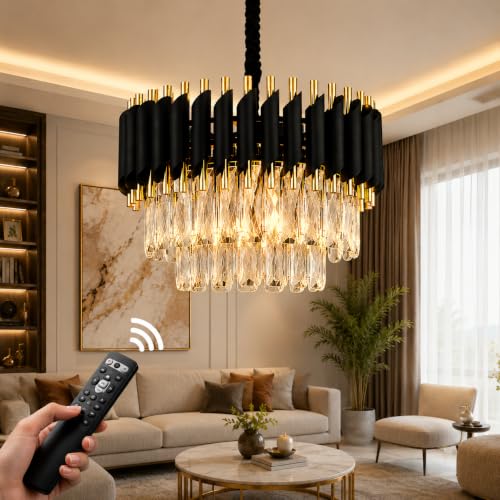 Image of Elegant Chandelier Ceiling Light for Living Room Hanging Pendant Light | Italian K9 Crystals | Metal Frame | Adjustable LED Light-Pack of 1 (Rotatable-300MM-Round-Black Gold-New)