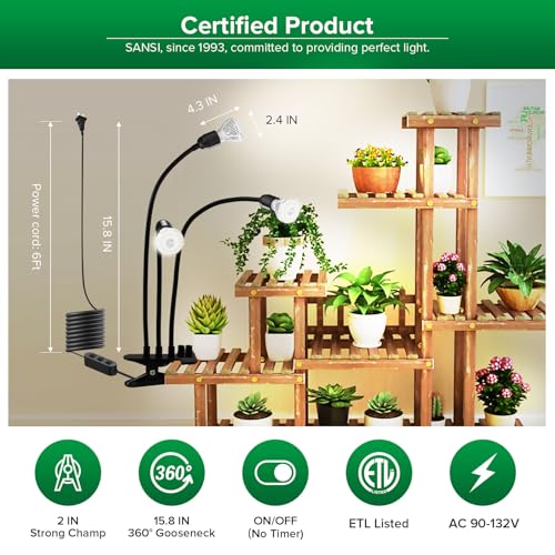 Sansi 01-03-001-011013 Led Grow Lights For Indoor Plants, 450W Full Spectrum 3-Head Gooseneck Grow Lamp With Ceramic Tech., 30W Power Clip-On High Ppfd Plant Light With Optical Lens, Lifetime Free Bulb Replacement thumb #5