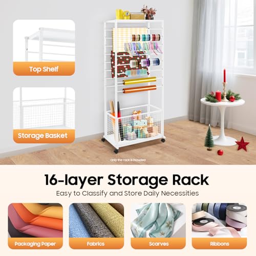 Image of CNCEST Double-Sided 16-Layer Ribbon Holder Organizer Rack,Free Standing Mobile Ribbon Holder,Metal Ribbon Stand Organizer Ribbon Storage Shelf for Craft Room,Wrapping Paper (White,26.4x12.6x59.06in)