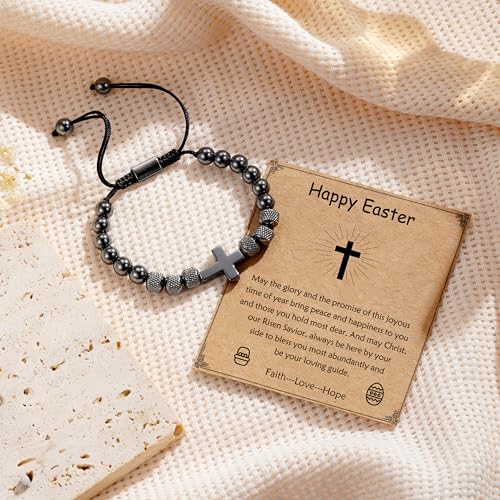Image of Cross Bracelet for Boys Teens, Adjustable Obsidian Beads Bracelets Christian Religious Jewelry Gifts for Teen Teenage Boys