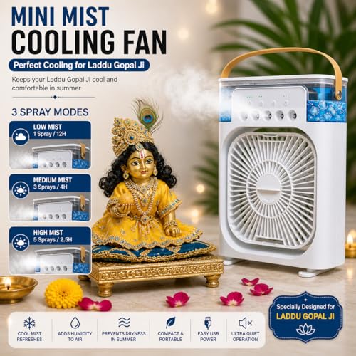 Image of 10 inch Portable Mini Cooler, Mist fan - 7 Color Changing LED Light, 1 /2 /3 H Timer, 3 Wind Speeds, 3 Spray Modes for Laddu Gopal Ji, Office,Home,Travel,Temple (Without perfume compartment)