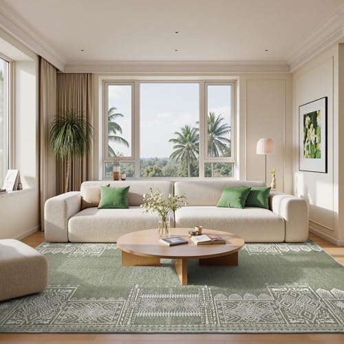 NICETOWN Green Area Rugs 8x10 Washable Nonslip Thin Vintage Rugs - Boho Entryway Oriental Medallion Living Room Carpet Entrance Mat Carpet for Kitchen Laundry Bathroom Bedroom, Sage Green