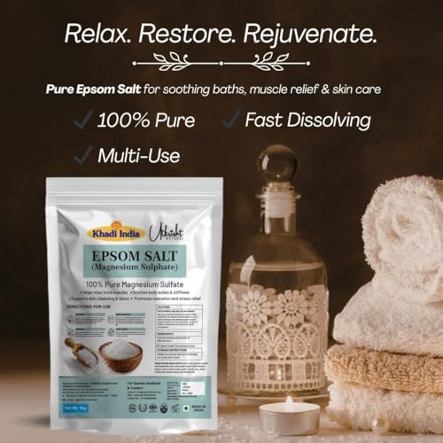 Image of Khadi Pure Epsom Salt for Bath Soak & Foot Soak | Magnesium Sulfate Crystals for Muscle Relaxation, Body Detox & Skin Care 1 kg