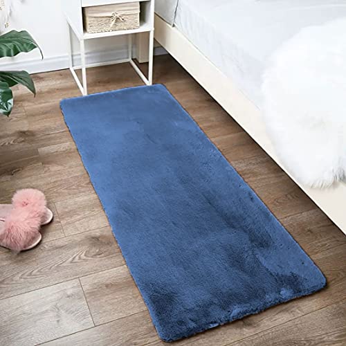 Image of Luxe Home Rabbit Fur Soild RunnerSuper Soft, Anti-Slip, Washable, Rectangle, for Livingroom Rug, in Bedroom Bedside Runner (Blue, 2x5 Feet)