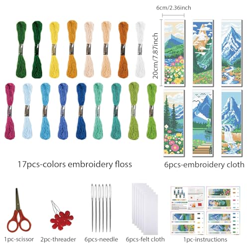 Image of FREEBLOSS 6 Set Cross Stitch Bookmarks Kit Mountains&Rivers Stamped Cross Stitch Kit DIY Embroidery Bookmark Set with Instruction for Adults Beginners Gift for Reading Enthusiasts 8 * 2.4inch 11CT