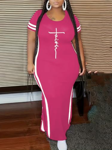 Image of PINSV Women Plus Size Maxi Dress Summer Short Sleeve Split Long Dress
