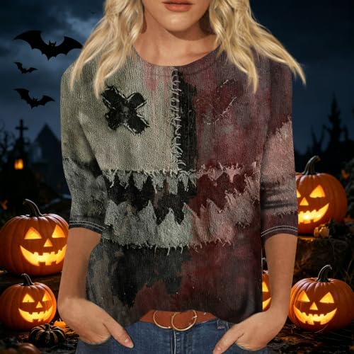 Image of Women Spooky Halloween Graphic Shirt 3 /4 Length Sleeve Crewneck Top | Halloween Funny Printed Pumpkin Plus Size Tshirts 2026 Fall Outfits Skeleton Tee Going Out Tops