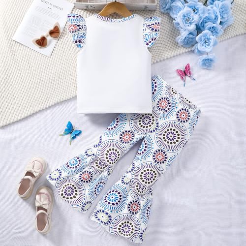 Image of Girl 2pcs set with ruffle sleeves top flared pants spring summer short sleeves 4-12Y