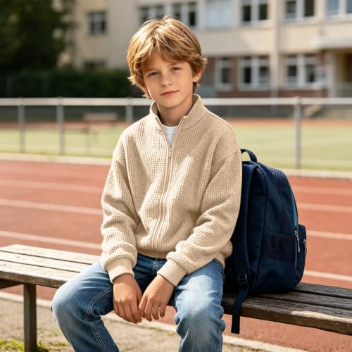 Boys Jacket Waffle Knit Zip Up Hoodie Stand Collar Sweatshirts Size 10-12 - image 8