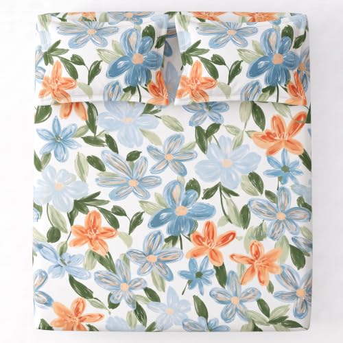Image of VAS COLLECTIONS Premium 240 TC Cotton Double Bedsheet Set with 2 Pillow Covers | Breathable Floral Print Bedding | Fade Resistant | 228 x 254 cm, Terracotta & Periwinkle Floral, Double Flat (90x100)