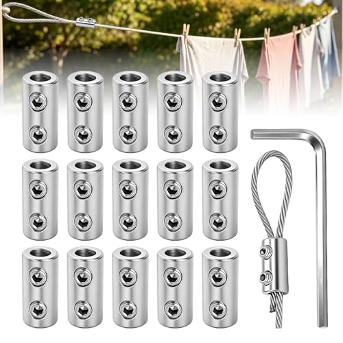15 Pièces Serre Cable Acier Câble 1,5-2mm, Raccord 2 Trous Serre Cable Inox, Fixation Serre Cable Réglage Tendeur Cable Inox Accessoire Tendeur Fil A Linge...