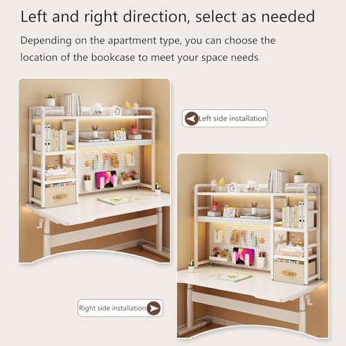 White Wood Desk Hutch for College Dorm, Desktop Bookshelf & Storage Rack, Multipurpose Pegboard Bookcase for Students, Computer Desk Organizer, Home Office Furniture