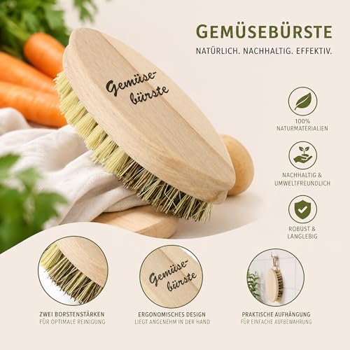 Foto von Lantelme Obst und Gemüsebürsten Set 2 Teilig vom unbehandeltem Buchenholz aus Deutschland mit Naturborsten | Bürstenset Ideal zur Reinigung und abwaschen von Obst Gemüse Pilzen Bürsten