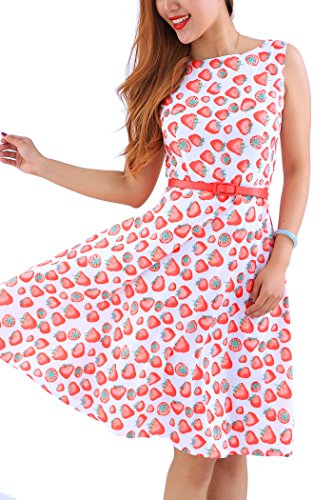 Yming Frauen Rockabilly Kleid Hepburn Jahre Stil Kleid Ärmellos Kleid Festliches Sommerkleid Rot Erdbeeren S