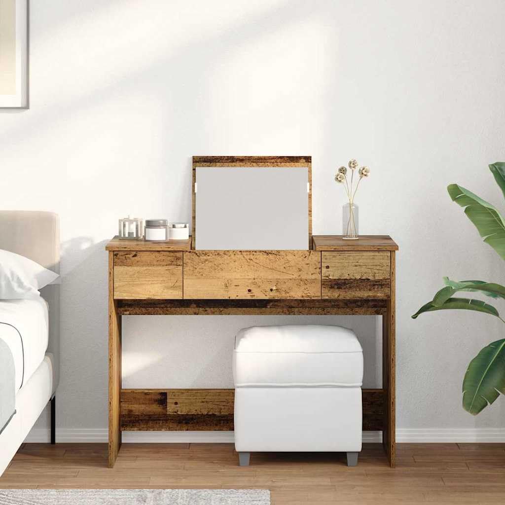 Kosmetiktisch Altholz mit 2 Schubladen und Spiegel 100 x 45 x 76 cm, Schminktisch mit Stauraum für Schlafzimmer, Ankleidezimmer, Makeup und Styling