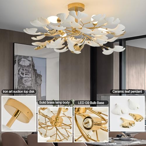 Image of Bedroom Chandelier Ceiling Light, Gold Ceramic Ginkgo Leaf Chandeliers Brass Semi Flush Mount Chandelier Light Fixture for Kitchen Living Room Dining Room, 24 inch Ceiling Light Fixture