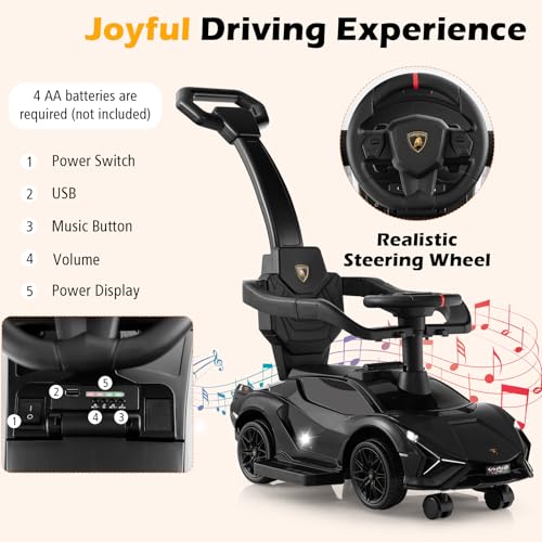 SOARS Lamborghini Rutschauto, Rutschfahrzeug mit Abnehmbarer Schiebstange, Universalrädern, Stauraum, Scheinwerfern, USB-Anschluss, Musik, Spielzeugauto für Kinder ab 1 Jahr (Schwarz) – Bild 6