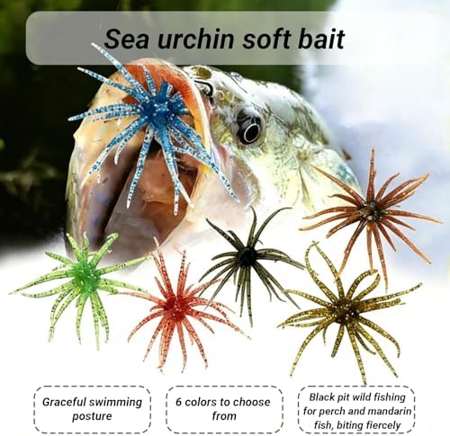 Floating Sea Urchin Soft Fishing Lures - 1.7g 6cm TPR Tentacle Creature Baits, Lifelike Breathing Swimming Action Soft Plastic Lures, Drop Shot, Freshwater & Saltwater Fishing(Dark Green + red) - 2
