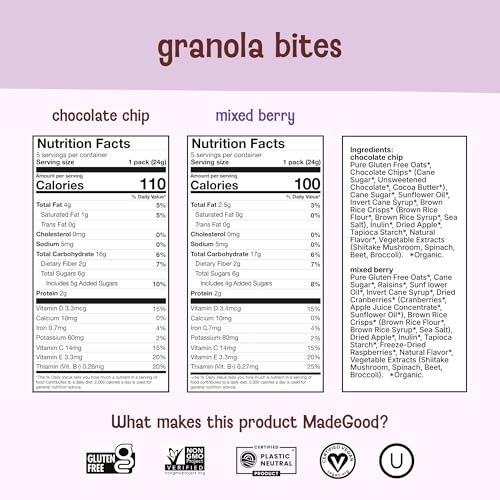 Image of MadeGood Granola Bites Chocolate Chip & Mixed Berry Variety Pack (28 Count) Gluten Free and Organic Snacks