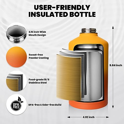 Image of RAYMYLO Insulated Water Bottle 64 oz, Triple Wall Vacuum Stainless Steel (Cold for 48 Hrs), Leak Proof & Non-BPA, Half Gallon Water Flask Jug with Paracord Handle & Straw Spout Lids, Ombre Orange