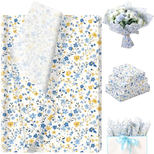 60 Sheets Spring Wildflower Tissue Paper Coquette Elegant Blue Floral Patterns Wrapping Paper for Spring DIY Crafts Birthday Wedding Party Gift Wrap Supplies 13.8 x 19.7 Inch