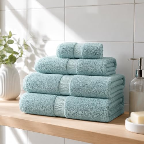 Image of Sulfar 100% Combed Cotton, Quick Drying Highly Absorbent, Luxury Hand Towel Set (Pack of 4, 40 X 70 cm) Nile Blue