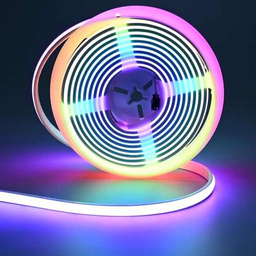 FOSUO 24V COB LED Strip 16.4ft Smart RGB+IC, Flexible Neon Rope Lights IP67 Waterproof, High Density 576LED/M, Self-Adhesive for Home Decoration(No Adapter and Controller)