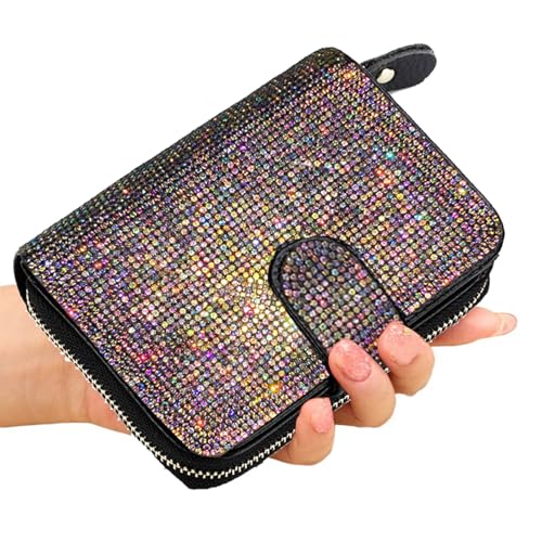 Small Wallet Women Bling Rhinestone RFID Blocking Bifold Compact Card Holder Wallet for Women with Zipper Credit Card holder (Colored diamond)2