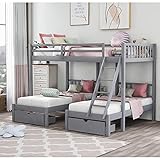 MOOLO 3-1 Full Over Twin, Twin Bunk Bed, Wood Triple Bunk Bed with Drawers and Guardrails for Kids T