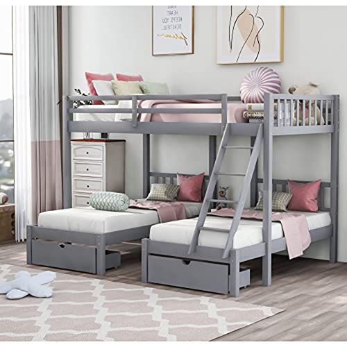 Moolo 3-1 Full Over Twin, Twin Bunk Bed, Wood Triple Bunk Bed With Drawers And Guardrails For Kids Teens Adults(Color:gray) #TOP7