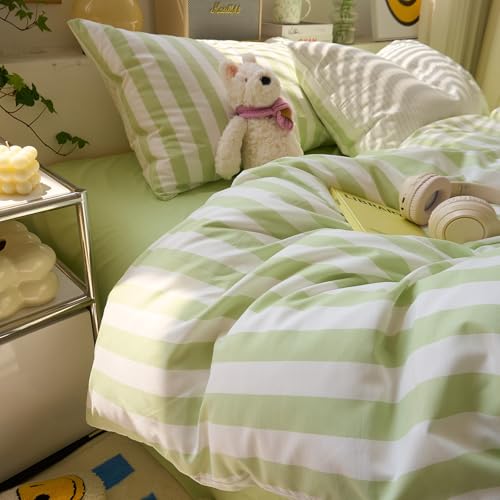 Image of VM VOUGEMARKET Kids Teens Duvet Cover Twin Size Green White Striped Bedding Set Green Stripes Comforter Cover 68 inchx86 inch