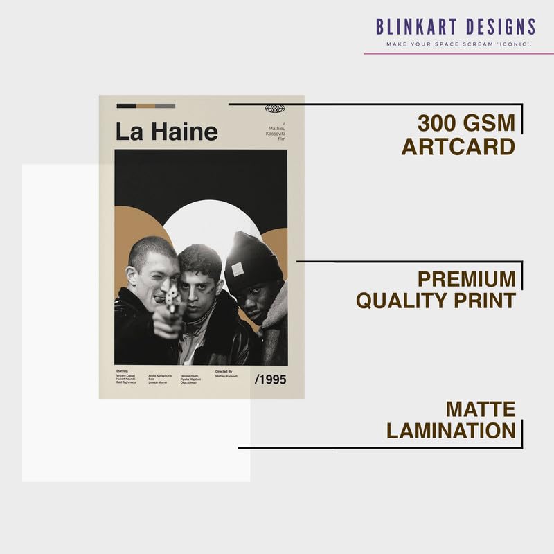Image of BLINKART La Haine Movie Poster Frame 8x12 Inch | Premium 300 GSM Paper Wall Print | Mid Century Vintage Film Artwork for Home, Bedroom, Living Room, Office | Framed Photo Decor