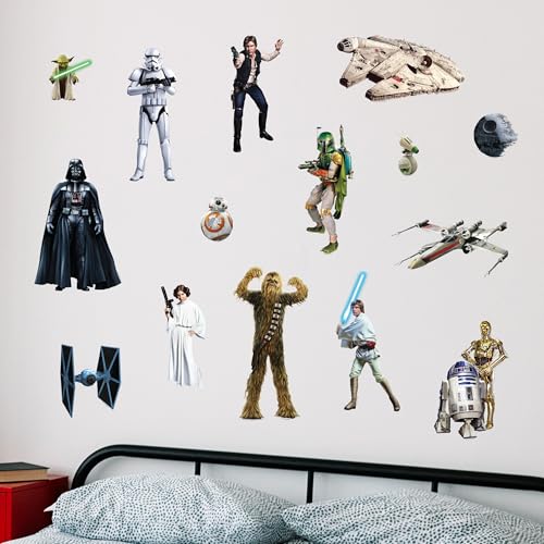 Star Wars Wall Decals - Set of 17 Removable Vinyl Stickers for Kids Bedroom Playroom Bathroom - Peel and Stick Room Décor