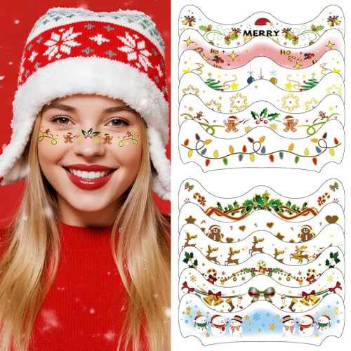12 Pairs Christmas Face Makeup Patches Xmas Tree Santa Claus Eyeliner Stickers Decals Snowman Small bell Temporary Tattoo for Women Girls Fake Tattoos Christmas Stocking Stuffers Party Supplies