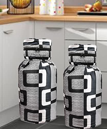 Image of Polyester 3-Layered LPG Gas Cylinder Covers with Zip Enclosure Pack of 2- (Color-Geometric Black, Size-26x14 Inches)