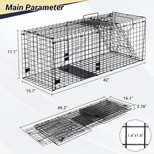 Humane Large Animal Trap Black 42 x 15.7 x 17.7 inch, Easy to Set & Release Animal Trap Cage, Collapsible Live Traps for Dogs, Raccoons, Foxes, Coyotes