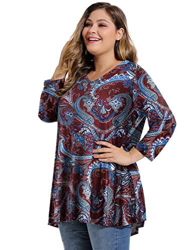 MONNURO Womens Plus Size 3/4 Sleeve V Neck Button Casual Loose Flowy Swing Tunic Tops Basic Tee Shirts for Leggings3