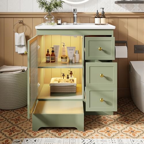 Yihomfy Meuble lavabo 80 cm avec Vasque en céramique, Petit Meuble sous-Vasque avec Repose‑Pieds Intégré et Éclairage LED, Porte en Verre Ondulé et Deux...