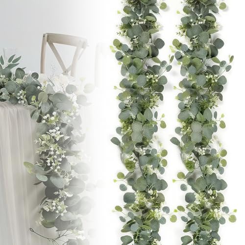 2 PCS Eucalyptus Garland 5.9FT Greenery Garland Artificial Greenery Vines Fake Hanging Green Leaves Vines Faux Leaf Garlands Realistic Vine Plant for Wedding Arch Table Decor