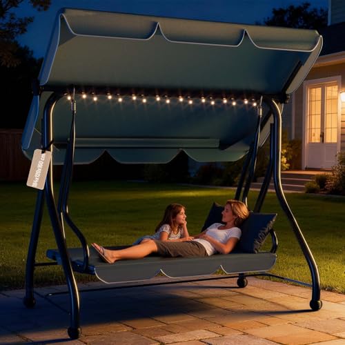 Soontrans Hollywoodschaukel mit Liegefunktion 3-Sitzer zum Entspannen für Terrasse Garten 184 x 120 x 160 cm 2-in-1 Gartenschaukel und Gartenliege mit Polsterauflage & Sonnendach & Sitzkissen (Grau)