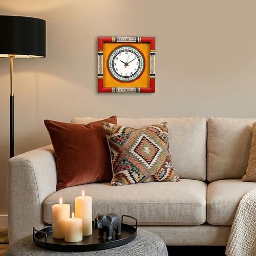 Image of AAKRITI ART CREATIONS Wall Clock Handcrafted Warli Art Dial with Glass Frame Red, Yellow | Wall Clock for Home, Home Decoration | Lightweight Wooden wall Decor | Matte Finish