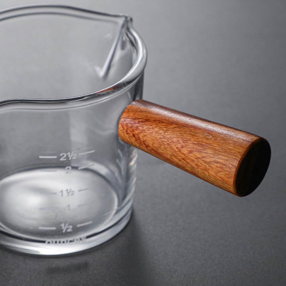 Espresso Glass Pomiar Cup,Espresso Shot Glass,Podwójna wylewka Akcesoria do espresso z drewnianym uchwytem Jako dozownik do kawy Mleko lub Sos