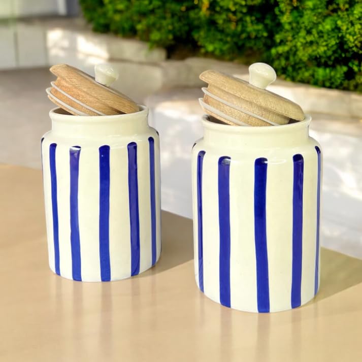 Image of Airtight Ceramic Jars (Pack of 2) - 900ml Each - Wooden Lid - Kitchen Containers for Sugar, Tea, Salt, Pickles, Pulses & More (Blue Lines)