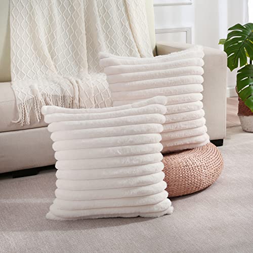 Futei Cream White Striped Throw Pillow Covers 20X20 Inch Set Of 2,Square Cushion Case,Home Decorative Couch Pillow Cover,Soft Cozy Faux Rabbit Fur & Velvet Back,Modern Neutral Decor For Bed,Sofa #TOP5