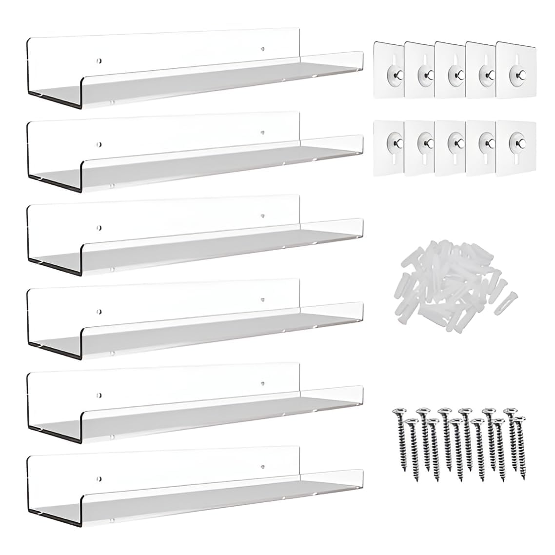 15" Clear Acrylic Floating Shelves (Set of 6) – Invisible Wall-Mounted Display for Modern Homes & Offices (6)-image-12