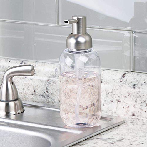 mDesign Round Plastic Refillable Liquid Soap Dispenser Pump Bottle for Bathroom Vanity Countertop, Kitchen Sink - Holds Hand Soap, Dish Soap, Hand Sanitizer, Essential Oils - 2 Pack - Clear/Brushed - Image 8