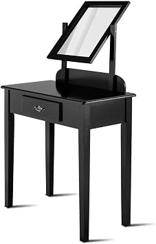 Casart Vanity Dressing Table Stool Set, for Bedroom Vanities Furniture with Large 360 Rotating Makeup Mirror Solid Wood Legs Padded Linen Fabric Bench, Vanity Tables with Drawers, Black
