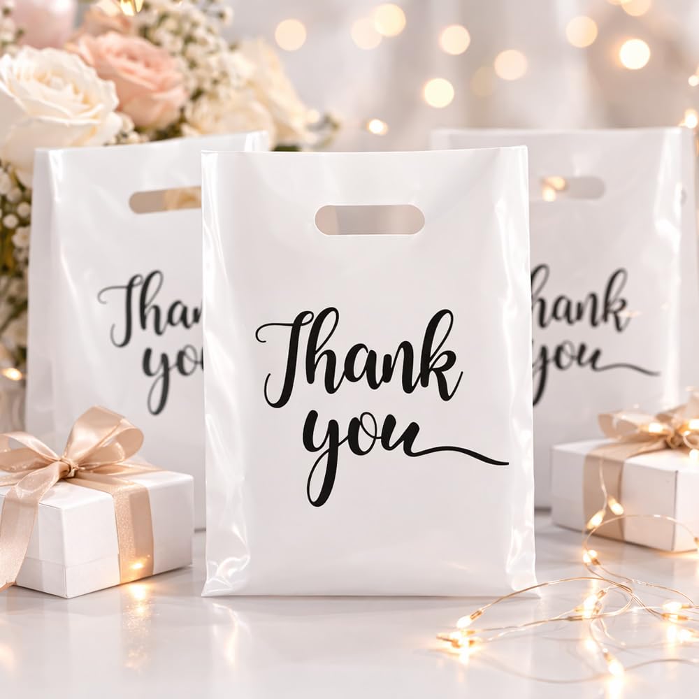 Thank You Bags 100 Pcs Thank You Gift Bags Merchandise Bag Extra Thick Reusable White Plastic Shopping Bag with Handles for Small Business Retail Boutique Wedding Birthday Party Gifts 9 x 12 Inch